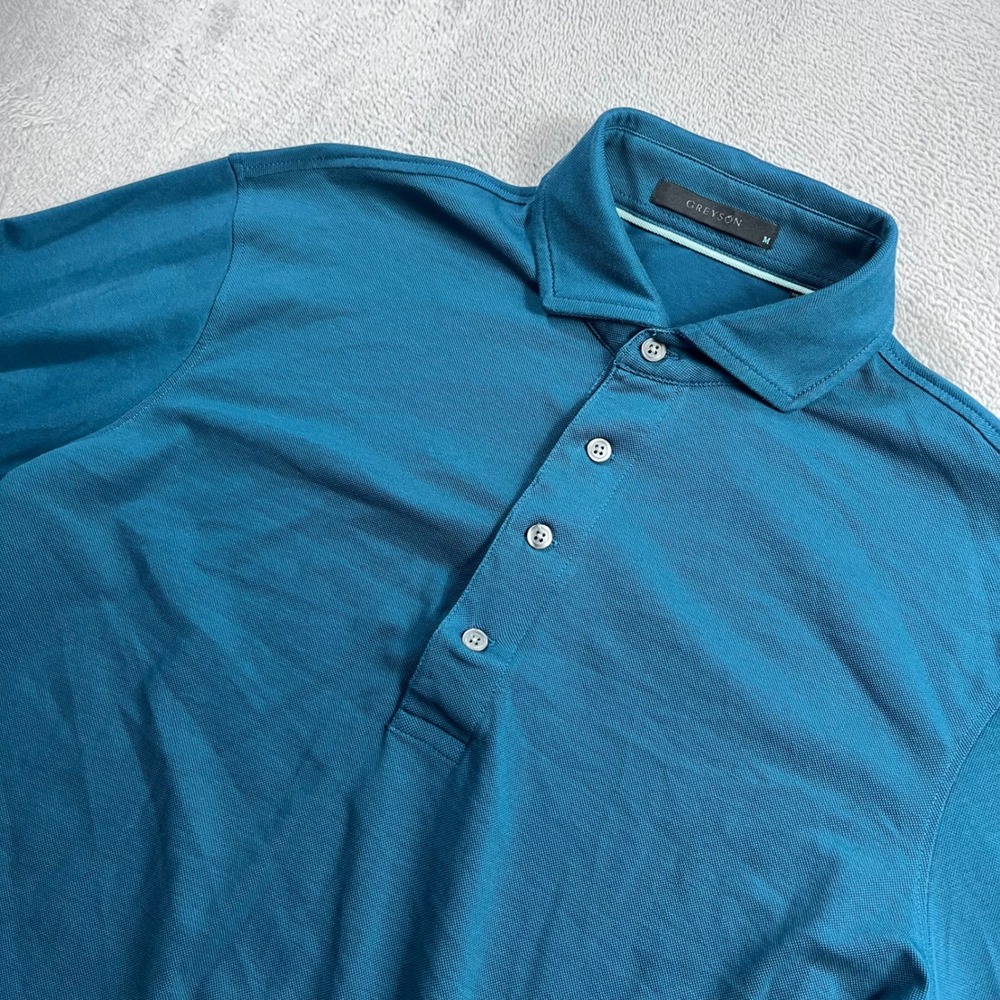 Greyson Mens Teal Blue Long Sleeve Performance Polo Shirt Size Medium